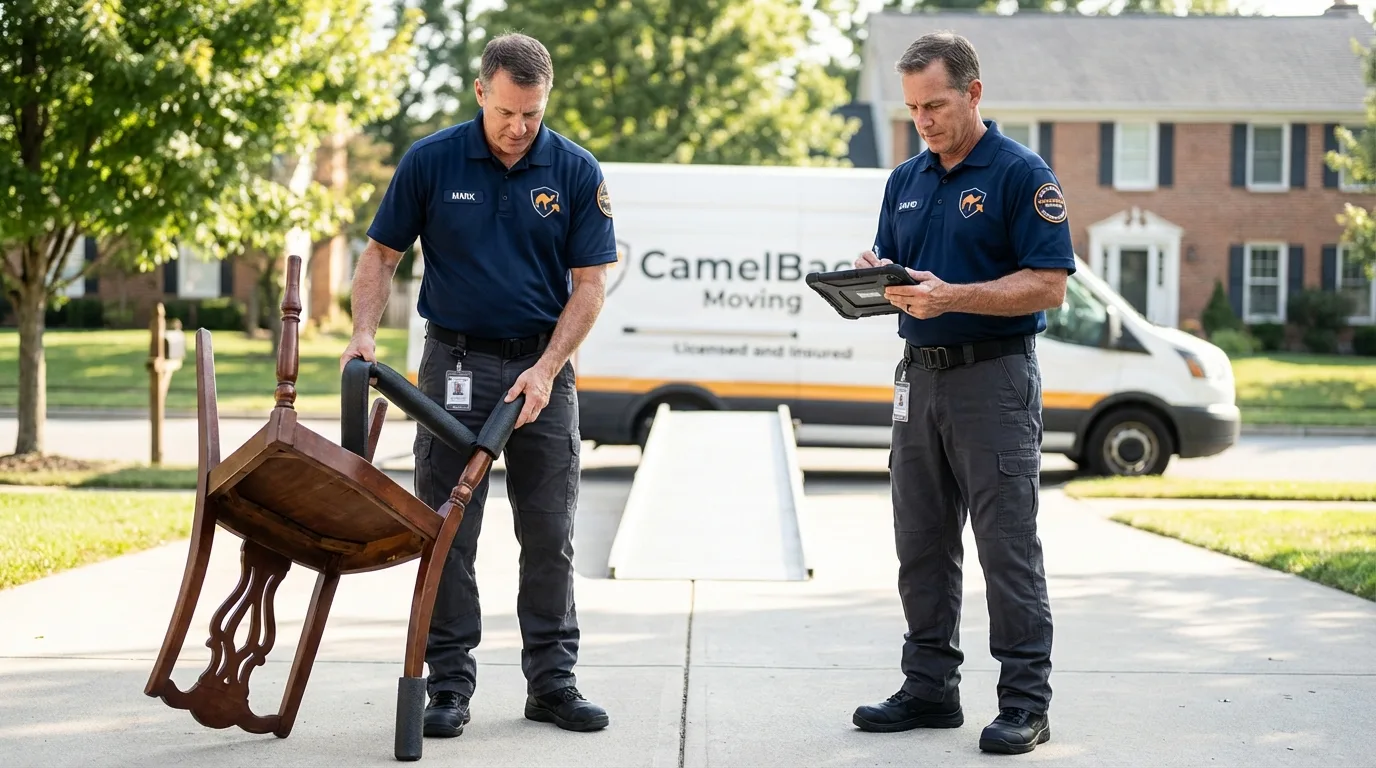 Movers inspecting furniture for damage prevention before loading in Lafayette Hill, PA