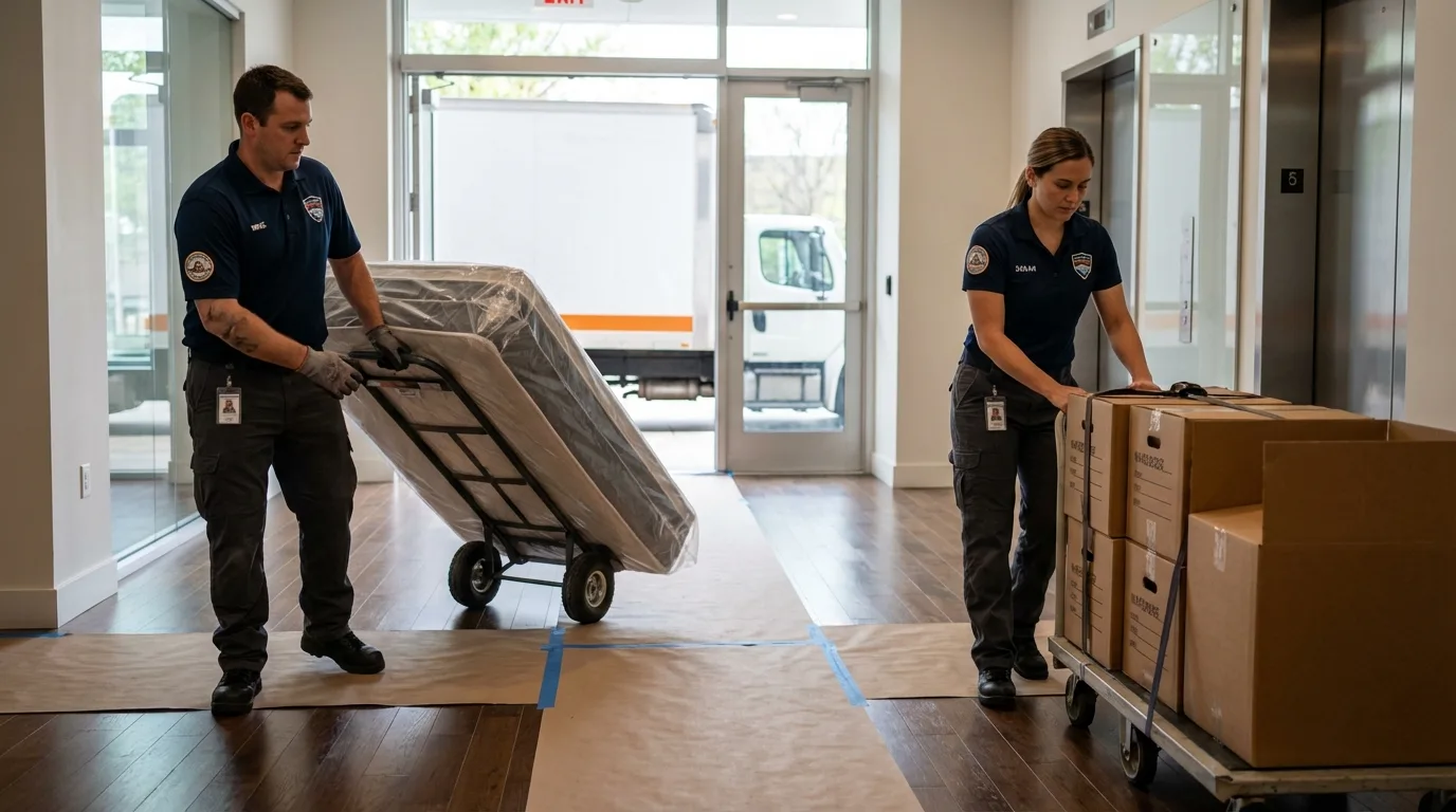 Professional apartment movers loading elevator in Lafayette Hill, PA