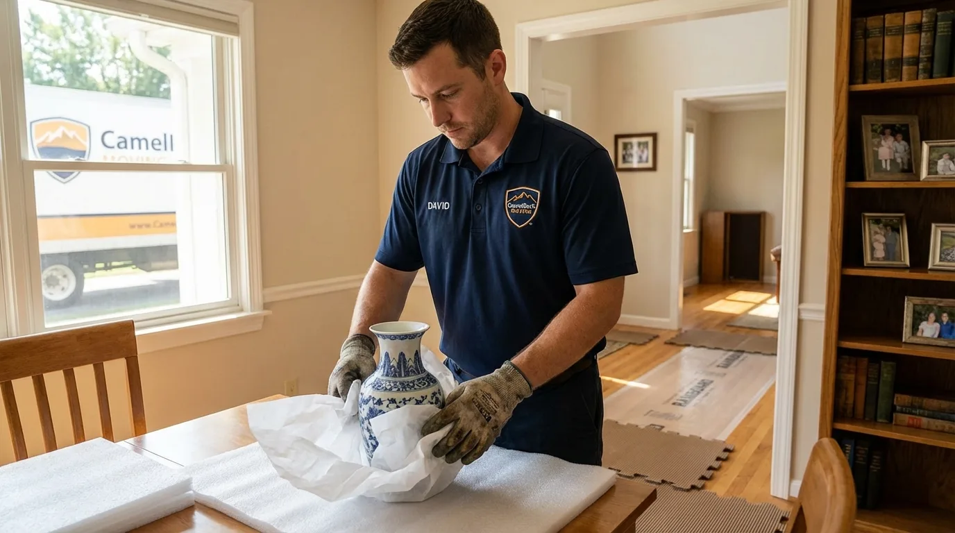 Professional crew carefully wrapping antique vase for senior downsizing move in Lafayette Hill, PA